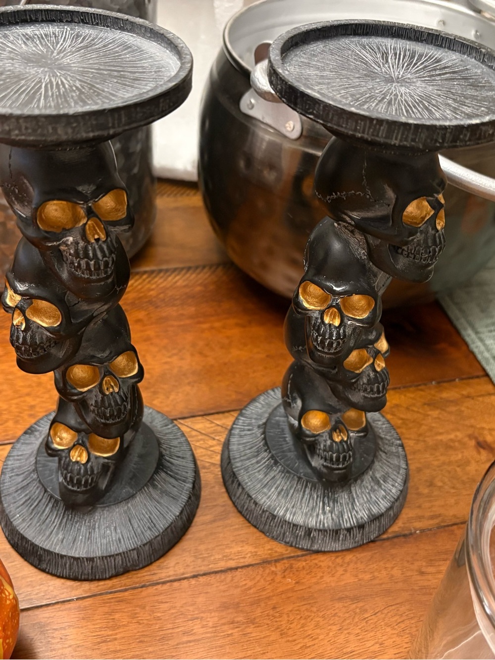 Halloween Skull Candlestick Pair in Black and Gold